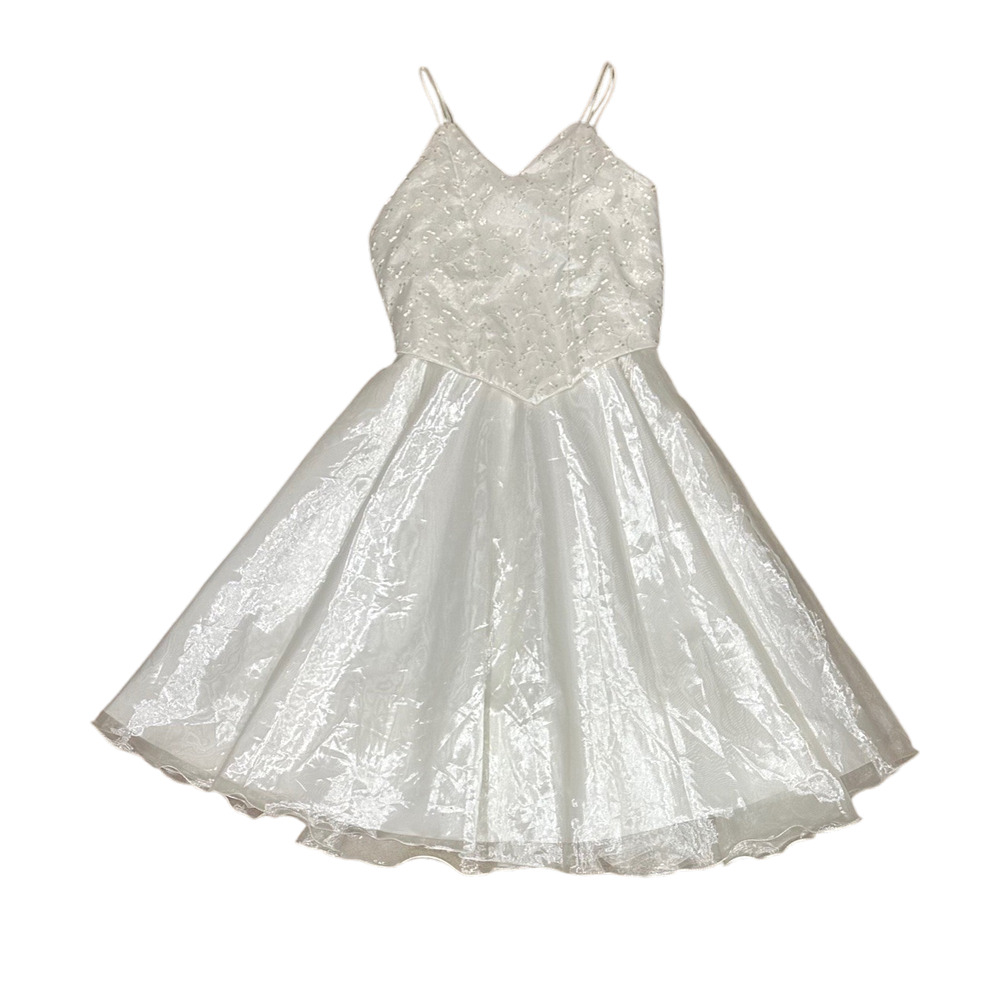 Vintage 90s Y2K Size 0/2 Wedding Dress Tea Length Teen Ivory White Basque Waist
